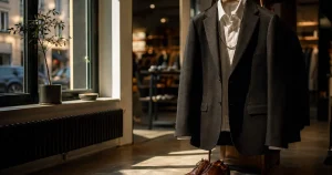 Elegant kostym hängande på galge i skandinavisk butiksmiljö med varmt ljus