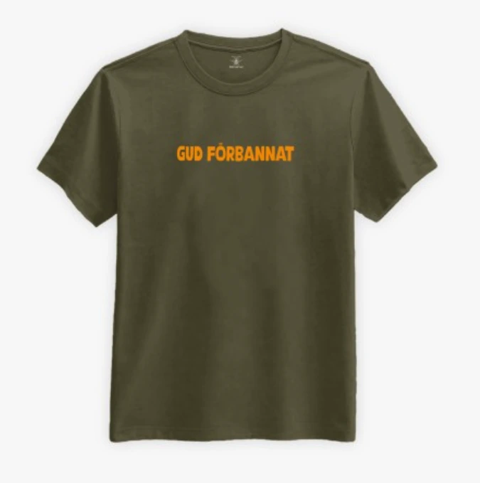 Olivgrön t-shirt med orange tryck Gud förbannat