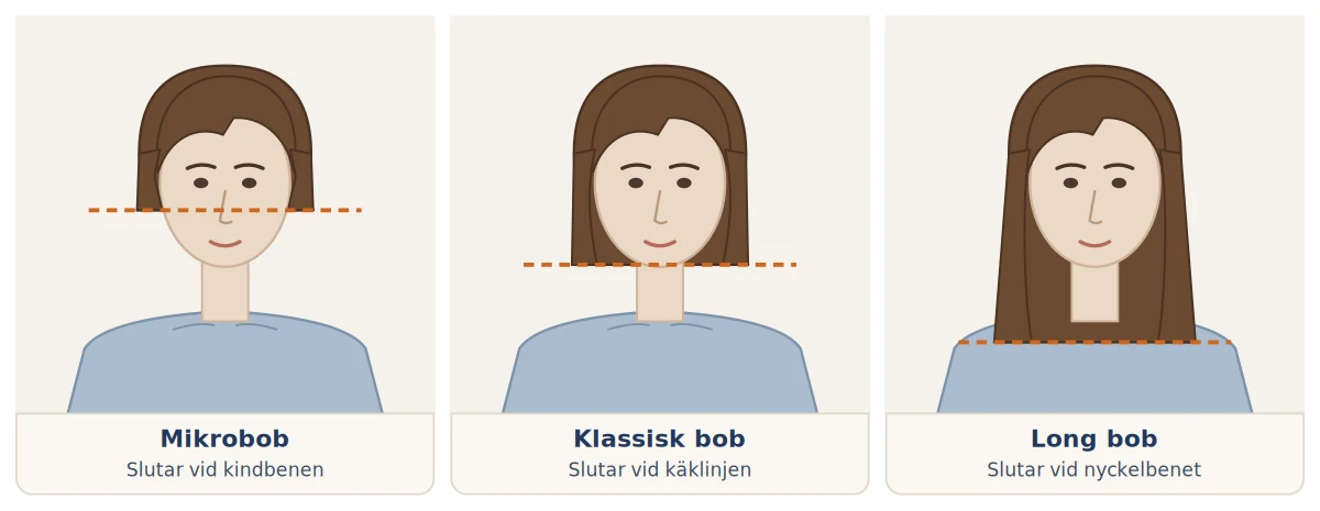 Illustration av tre bobfrisyrer: mikrobob vid kindbenen, klassisk bob vid käklinjen och long bob vid nyckelbenet