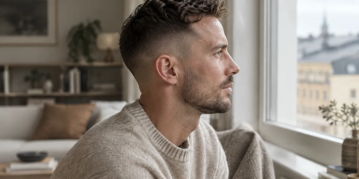 Man i profil med en mid fade där sidorna tonas ut mot huden och kort texturerat hår upptill