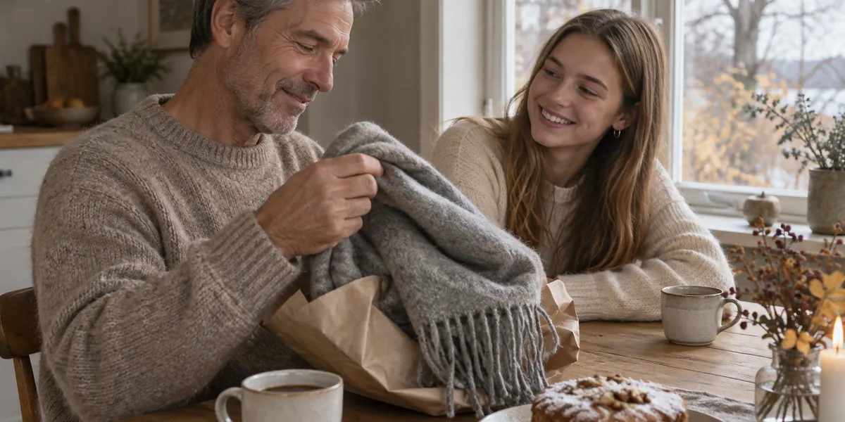 Pappa öppnar en present med en grå ullhalsduk vid köksbordet en novembermorgon